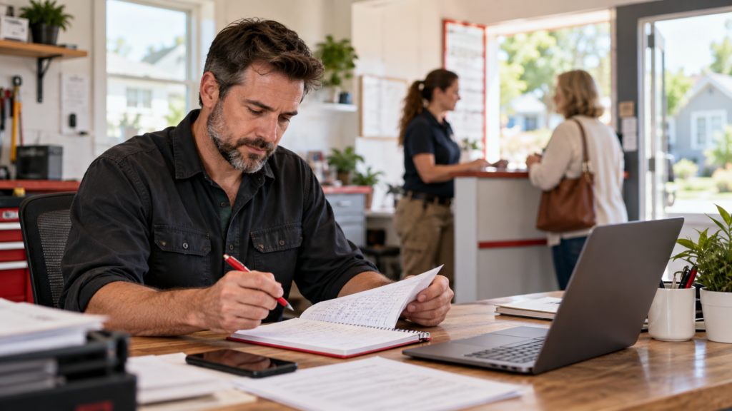 Local business owner reviewing customer questions to find useful blog topics